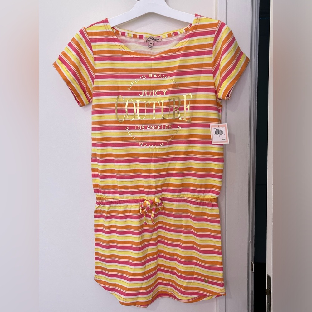 Juicy Couture Pink and Orange Yellow Striped Tee Shirt Dress Size 12 - Picture 1 of 12